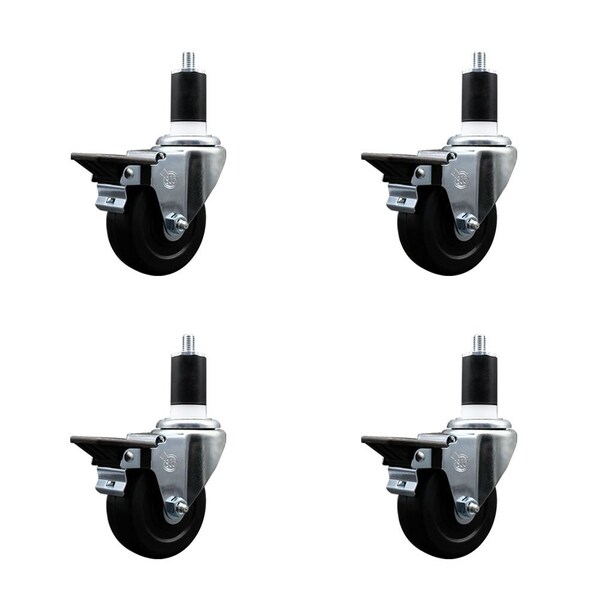3.5'' Soft Rubber Swivel 1-1/2'' Expanding Stem Caster Set with Brake, 4PK